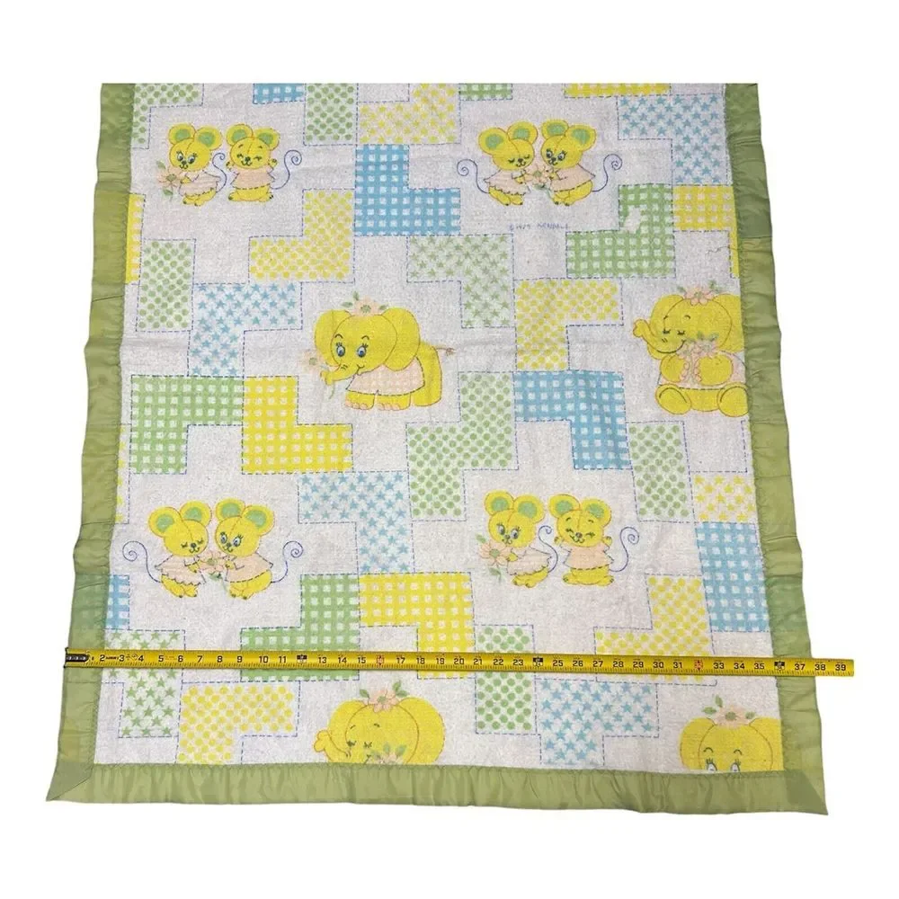 Vtg Curity Baby Fleece Blanket Patchwork Pals Animals USA Dated 1979 Green